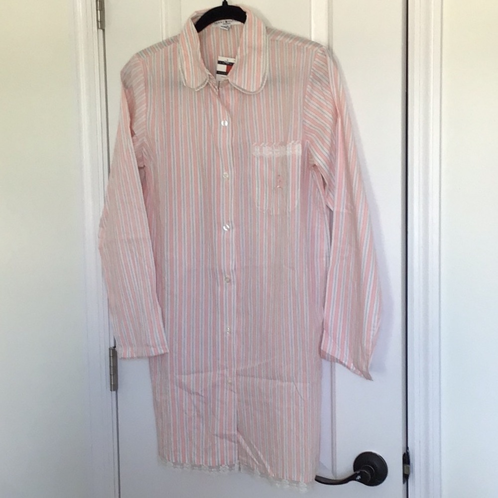 Tommy Hilfiger women's pajama top with pink and white stripes and lace trim